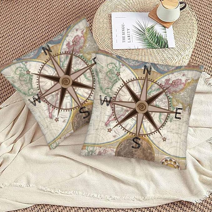 Nautical Compass Throw Pillow Covers 18x18 Historical World Map Earth Exploration Vintage Set of 2 Pillow Cases Square Velvet Outdoor Pillowcases Decorative for Home Bed Sofa Couch Hotel