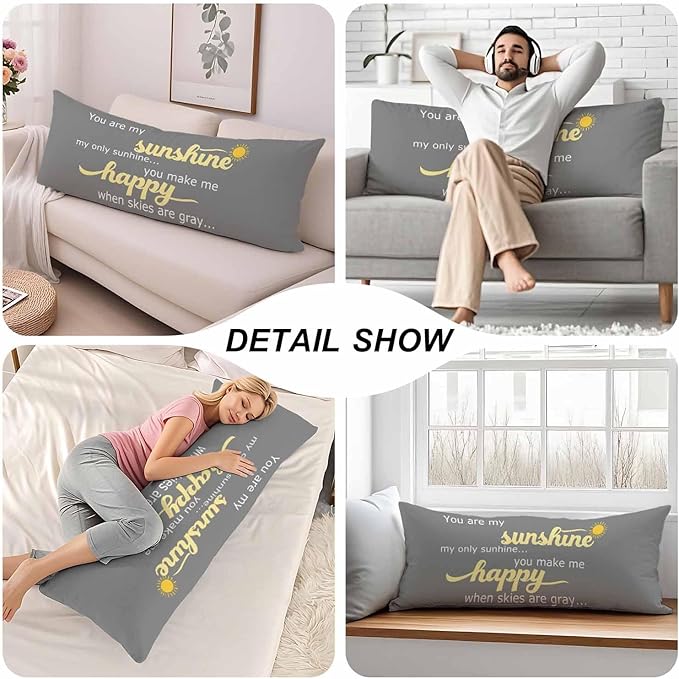 Decorative Body Pillow Covers 20x54inch Motivational Quote, You are My Sunshine Soft Body Pillow Cushion Cover Wrinkle Fade Body Pillowcases for Bed/Sofa/Couch/Patio/Balcony, Yellow