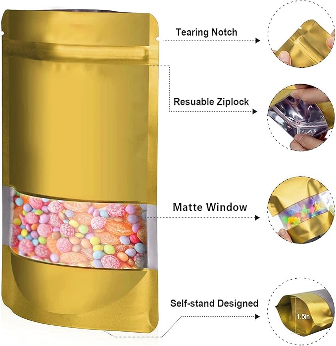 5.9"x8.6" 120pcs Mylar Bags for Food Storage,Smell Proof Bag with Matte Window Resealable Food Storage Bags for Small Business, Stand-up Foil Pouch Packaging Freeze Dried Candy Bag(Gold)
