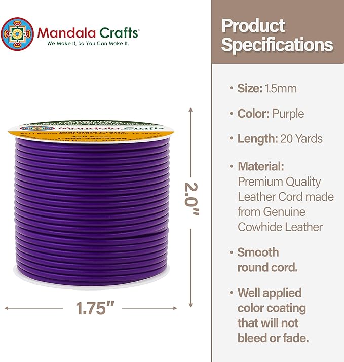 Mandala Crafts Round Genuine Purple Leather Cord for Jewelry Making – 1mm Cowhide Leather Rope String Lace for Kumihimo – 20 Yards Cowhide Craft Cording Spool