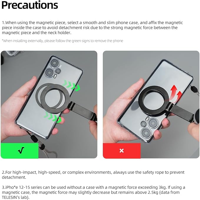 TELESIN Magnetic Neck Mount for Phones, Neck Cell Phone Holder POV/Vlog Selfie Mount Hand Free Phone Neck Holder Chest Stand Strap Video Recording for iPhone 17 16 15 14 13 12 Seires Android Phones