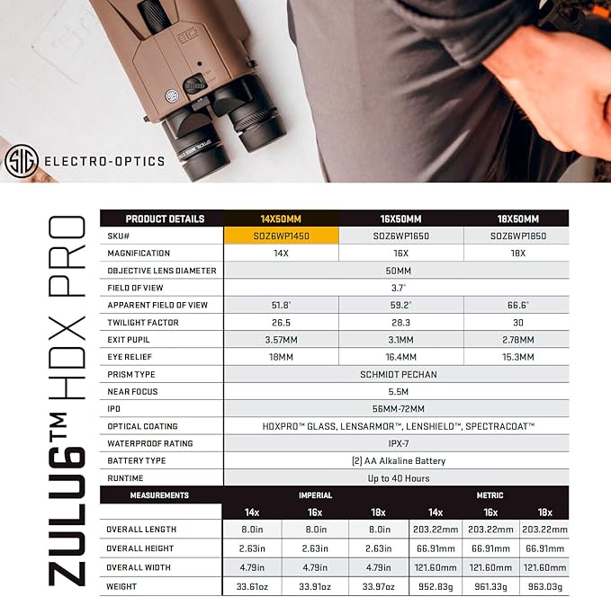 SIG SAUER ZULU6 HDX PRO 14x50mm Waterproof Fogproof Durable FDE Image Stabilized Hunting Binoculars, Multicoated Anti-Glare Lenses, Up to 40 Hours Runtine, Carrying Case & Carrying Strap Included