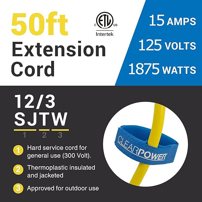 Clear Power 50 ft 12/3 SJTW Heavy Duty Outdoor Extension Cord, Water & Weather Resistant, Flame Retardant, Yellow, 3 Prong Grounded Plug, CP10145