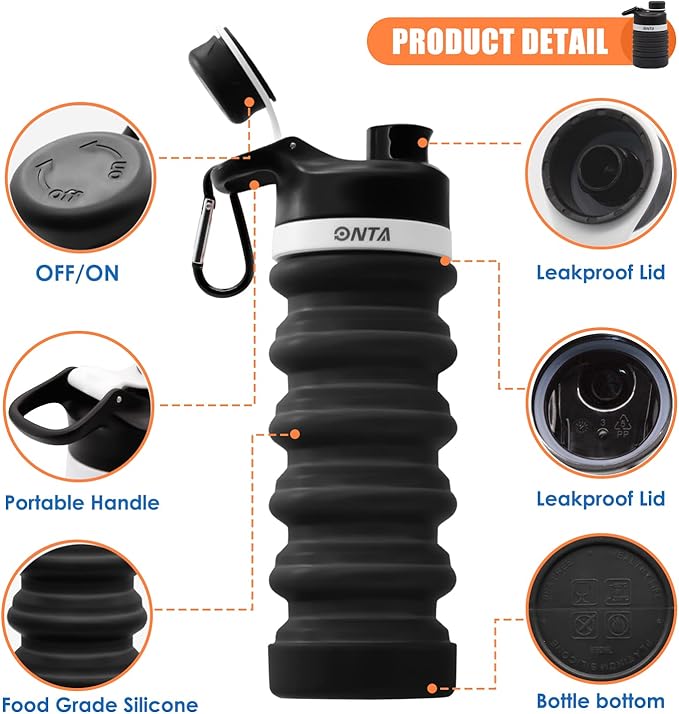 ONTA Collapsible BPA Free Silicone Water Bottle, 20oz - Portable, Leakproof, Easy Clean, Shatter Resistant, Travel Friendly