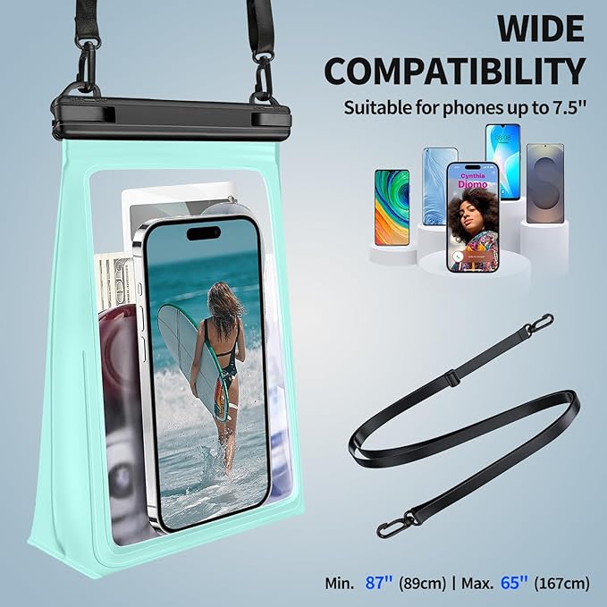 PEDVSTY Large Waterproof Phone Pouch [with Sealing Strip], Cell Phone Dry Bag for iPhone Galaxy All Phones, Floating Water Proof Bag for Beach Water Park Green