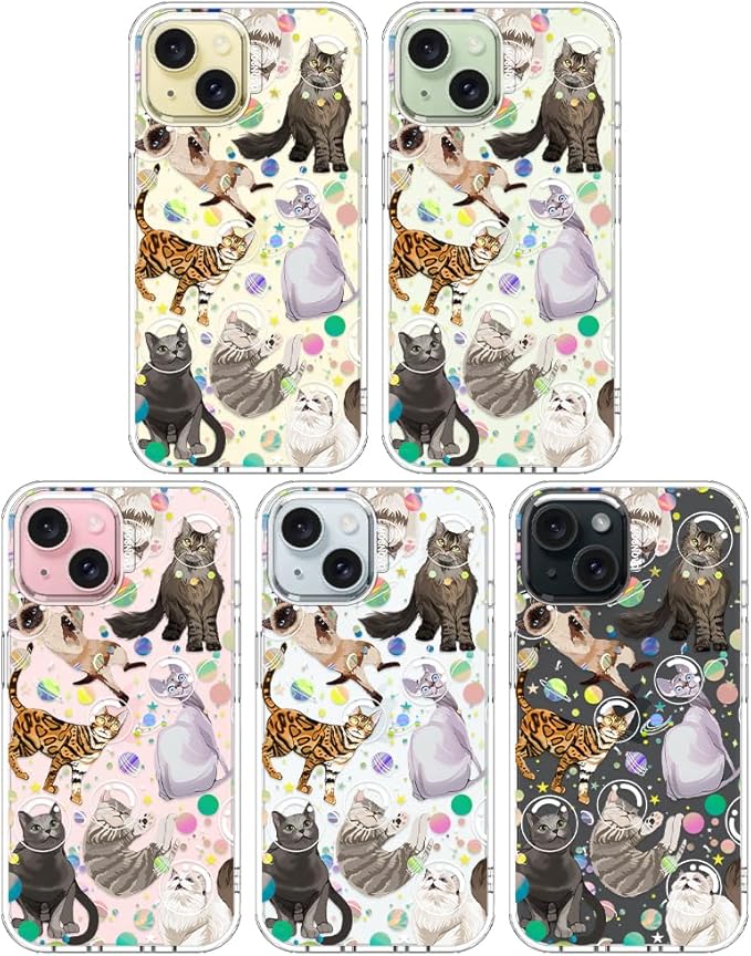 MOSNOVO Case for iPhone 15 Plus/iPhone 14 Plus, [Buffertech 6.6ft Military-Grade Drop Protection] [Anti Peel Off Tech] Clear TPU Bumper Phone Case Cover Design - Space Cat