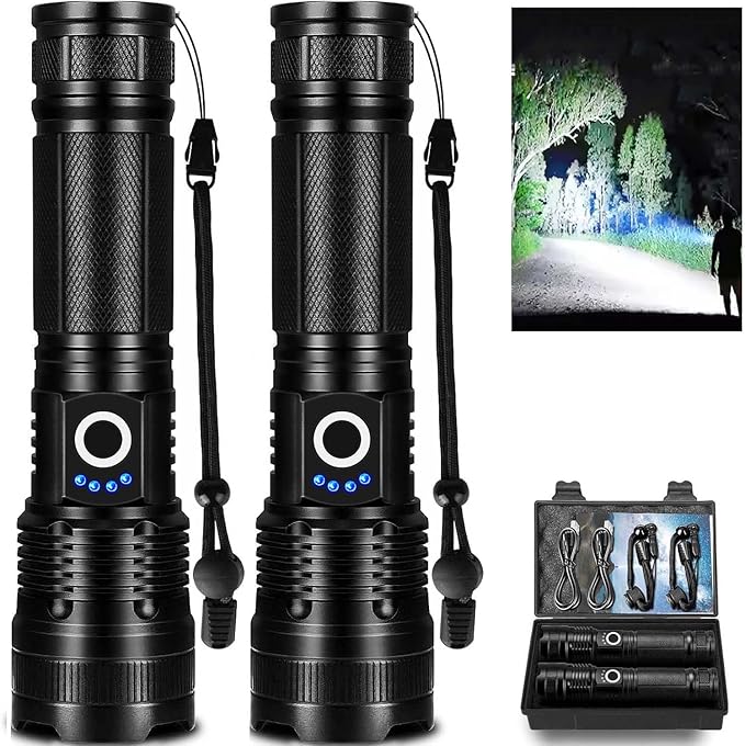 Lylting Led Flashlights High Lumens Rechargeable 2 Pack, 99000 Lumen Super Bright Fashlight with 5000ɱAh Βattery, Waterproof Powerful Flash Light Multifunctional Flashlights for Home Camping Hiking