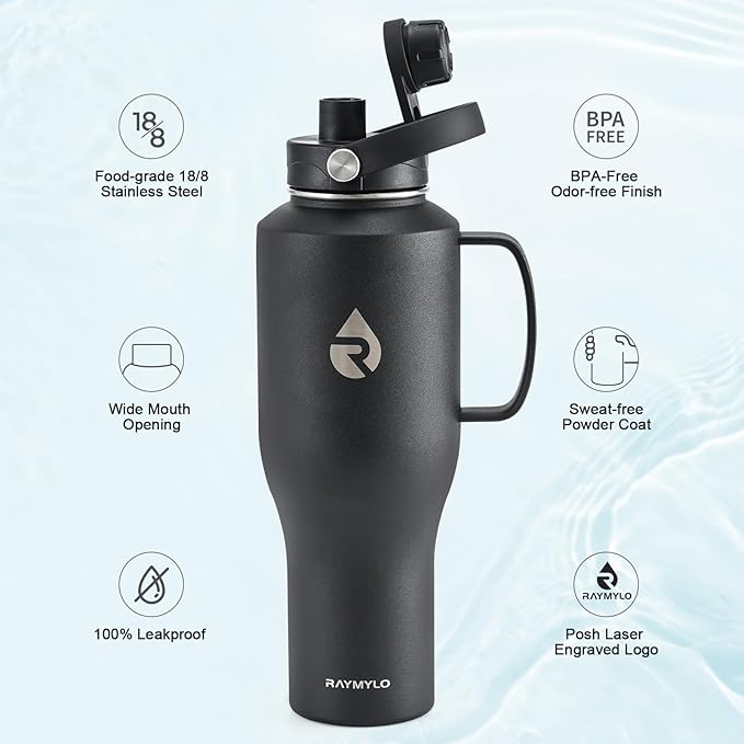 RAYMYLO 32oz Stainless Steel Water Bottle (Cold for 48 Hrs, Hot for 24 Hrs), Triple Wall Vacuum Insulated Water Bottle with Straw Lid, Spout Lid and Paracord Handle, Leakproof, Fit in Any Car Cup