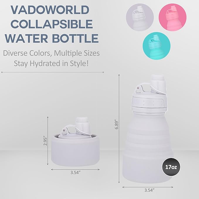 Collapsible Water Bottles 17oz, Odorless BPA-Free Silicone, Leak-Proof Foldable Reusable Bottle - Perfect for Travel Sports Gym Hiking Camping Cycling - Water Gray