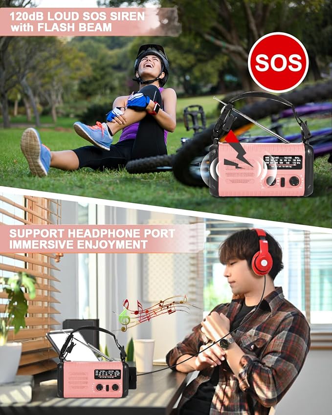 Emergency Crank Radio, 20000mAh / 74000mWh Solar Hand Crank Weather Radio with NOAA/AM/FM, Battery Powered Radio with Cell Phone Charger, Reading Lamp, Flashlight & SOS for Emergencies/Home (Pink)