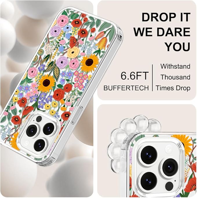 MOSNOVO Case for iPhone 14 Pro Max, [Buffertech 6.6ft Military-Grade Drop Protection] [Anti Peel Off Tech] Clear TPU Bumper Phone Case Cover Design - Blossom & Bloom