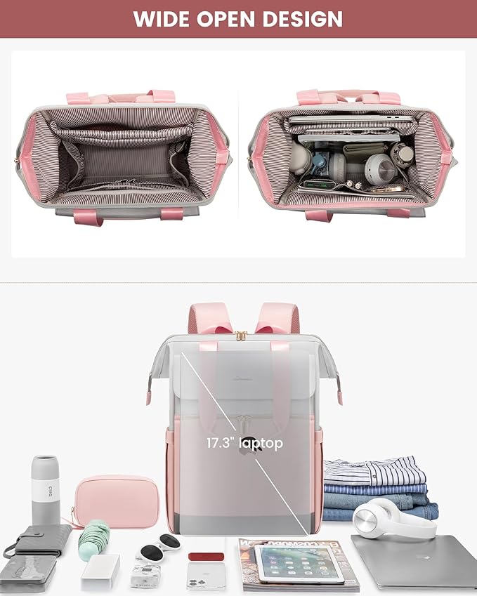 LOVEVOOK 17.3 Inch Laptop Backpack for Women, Large Capacity Travel Backpack with Organizer Bag, Waterproof Carry on Backpack Work Bag with USB Port, Teacher Nurse Backpack Purse, 2PCS, Grey-Pink
