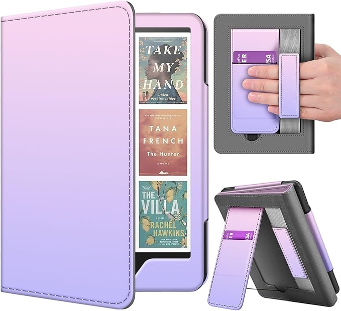 TNP Stand Case for Kindle Paperwhite 12th Generation 2024 / Kindle Colorsoft Signature Edition with Hand Strap & Card Slot - 7" PU Leather Protective Folio Cover with Auto Wake/Sleep, Pink Purple