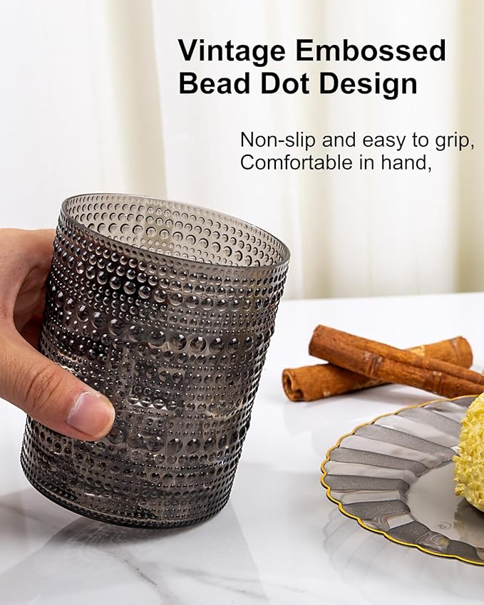YOUBET 24PCS Plastic Drinking Glasses - 14OZ Black Hobnail Drinkware Glasses - Vintage Glassware Textured Beaded Cups for Water, Beer, Whiskey, Juice and Various Mixed Drinks for Party Graduation