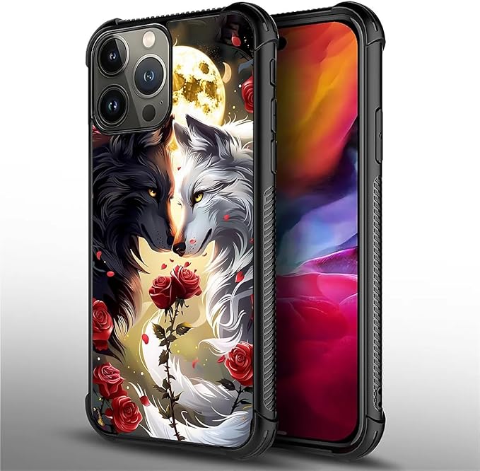 for iPhone 15 Pro Max Case, Black White Wolf Moon Flower Rose Pattern Graphic Design Girl Boy Soft Silicone Hard Acrylic Shock Protection for iPhone 15 Pro Max