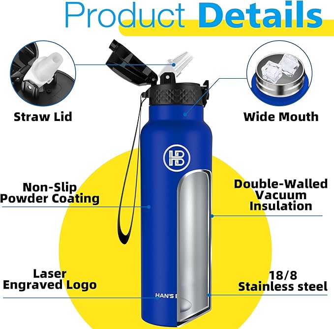 Han's Bottle Sports Water Bottle - 24 Oz, Straw Lid, Leak Proof, Vacuum Insulated Stainless Steel, Double Walled, Thermo Mug,Klein Blue