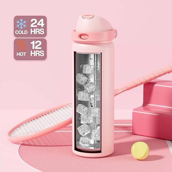POWCAN 32 oz Insulated Water Bottle for Travel: 2-in-1 Lid with Push-Button Spout & Quick-Flip Straw, Leakproof, Keep Cold 24Hrs, Vacuum Stainless Steel for Travel, Trip, Hiking, Sport (Cotton Candy)