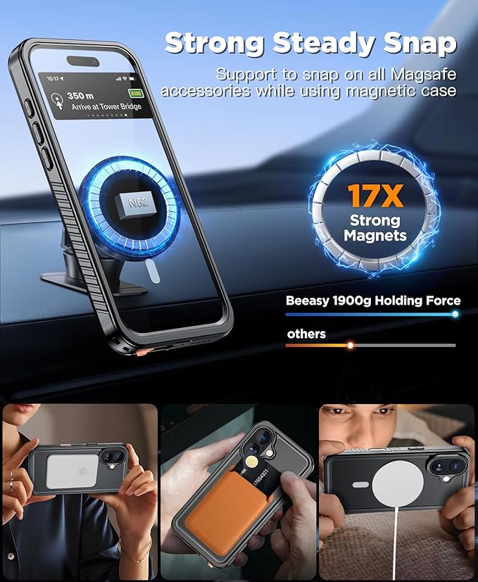 Beeasy for iPhone 12 Pro Waterproof Case [Compatible with Magsafe] [Built-in Screen Protector], 360 Full Body Heavy Duty Phone Case, Military Grade Shockproof Dustproof,Magnetic Black
