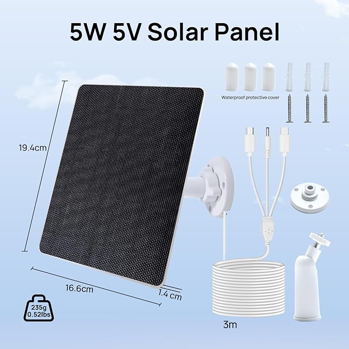 ECO-WORTHY Solar Panel for Ring Camera Outdoor Wireless, 5W Fast Charging Compatible with Rings Spotlight & All-New Stick Up Outdoor Cam with USB-C & Barrel Plug, USB C Solar Panel 5V, 9.8ft Cable（3m）