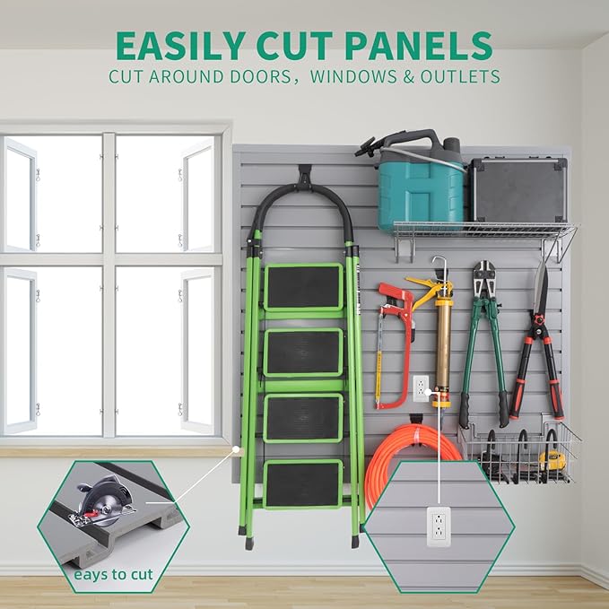 FRAYSCENT Slat Wall Paneling Garage Slat Wall Storage Systems Slatwall Panels Power Tool Organizer Wall Mount, PVC Garage Storage & Organization Products Slate Board (Grey, 4ft x 8ft with 26 Hooks)