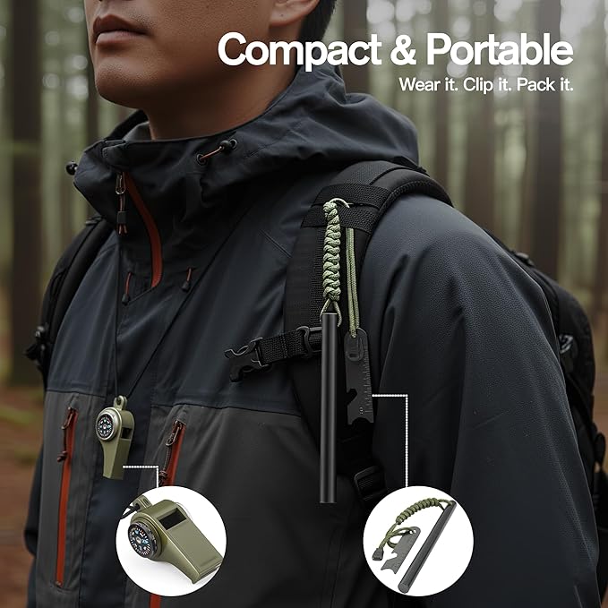 6" x 1/2" Drilled Ferro Rod Fire Starter Kit - Large Ferrocerium Flint and Steel, Multitool Striker & 3-in-1 Survival Whistle (with Compass, Thermometer)-Emergency Gear for Camping, Bushcraft