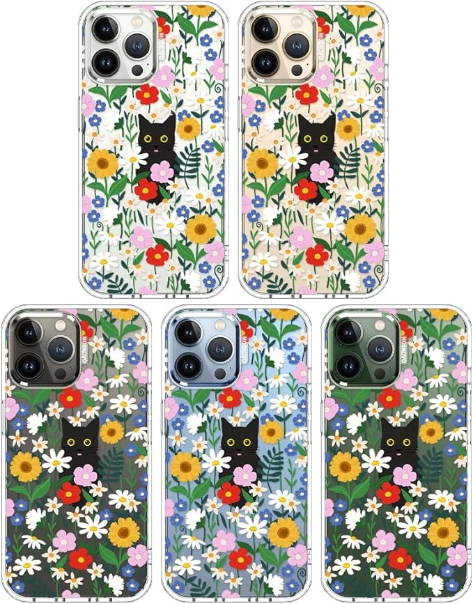 MOSNOVO Case for iPhone 13 Pro Max, [Buffertech 6.6ft Military-Grade Drop Protection] [Anti Peel Off Tech] Clear TPU Bumper Phone Case Cover Design - Black Cat in Garden