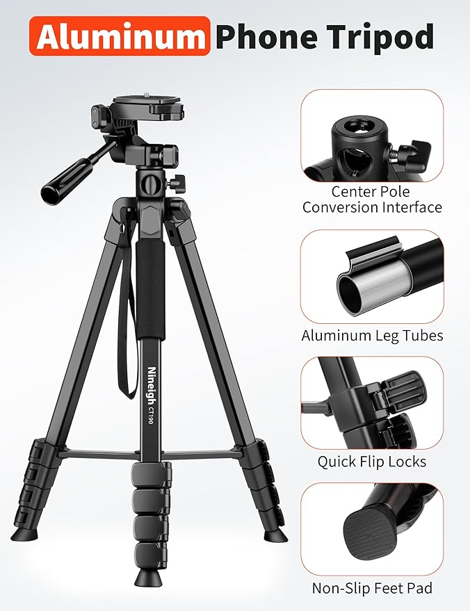 Nineigh 75" Phone Tripod Stand, Overhead Tripod for iPhone with Remote, Portable Horizontal Mount for Video, Live Streaming & Vlogging, Compatible with iPhone Camera