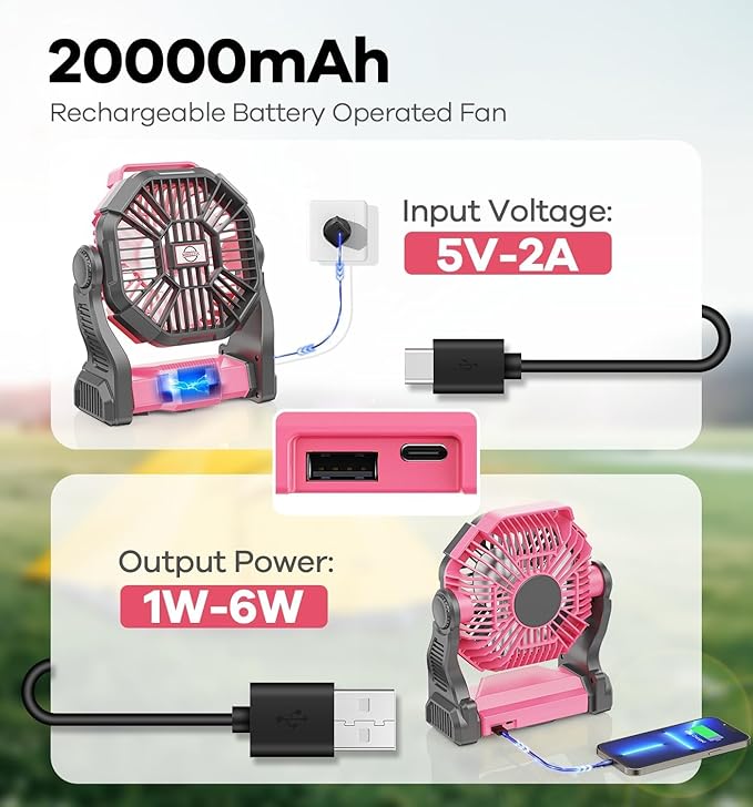 DOWILLDO 20000mAh Portable Battery Powered Camping Fan - with LED Light, Quiet Battery Operated, Camping Gear for Travel, Tent, Beach, Car or Hurricane Power Outages, Pink