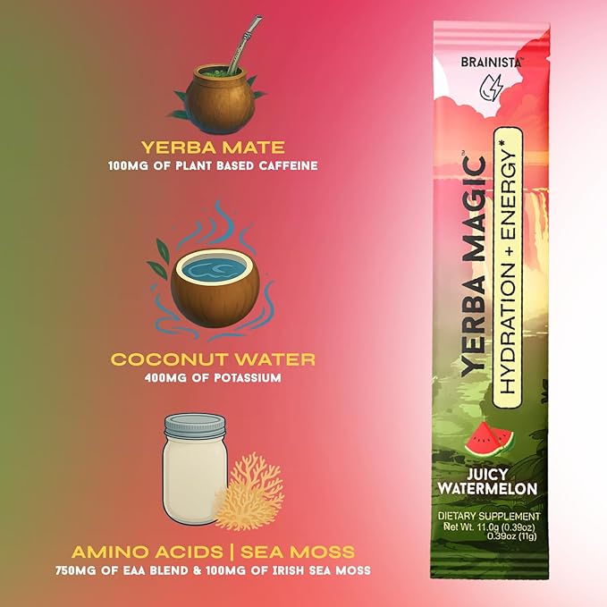 Yerba Magic Hydration + Energy - Juicy Watermelon with Electrolytes, Yerba Mate Caffeine, Sea Moss, Amino Acids & Coconut Water for Hydration, Muscle Recovery & Clean Energy - Zero Sugar (20 Stick Packs)