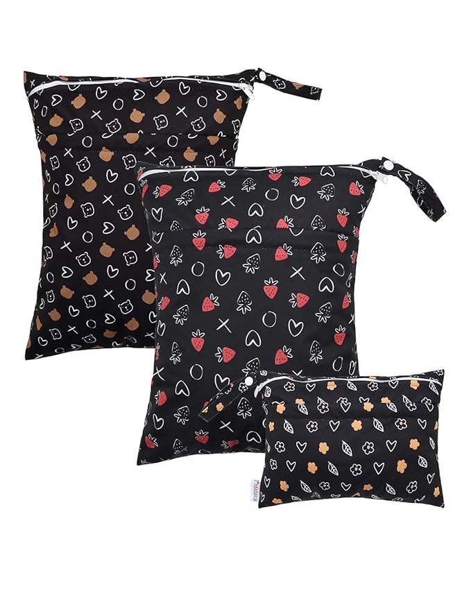 ALVABABY 3 Cloth Diaper Wet Dry Bags Waterproof Reusable with Two Zippered Pockets Travel Beach Pool Daycare Soiled Baby Items Yoga Gym Bag for Swimsuits or Wet Clothes Small Medium Large 3L-SML10