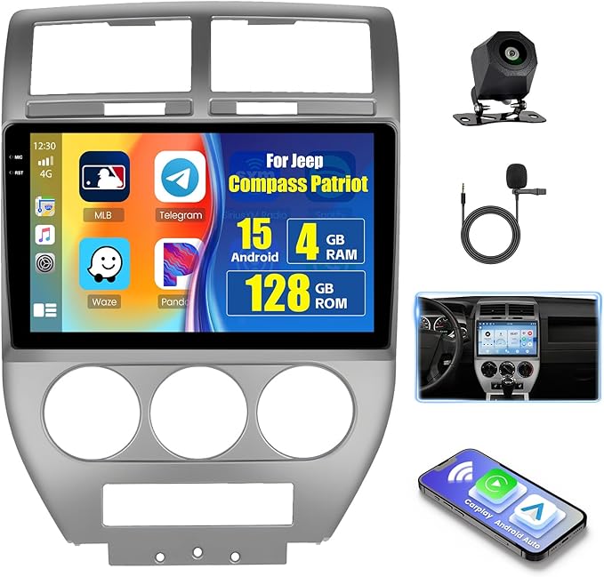 [4+128G] Android 15 Car Stereo for Jeep Compass Patriot 2006 2007 2008 2009, Hikity 10'' in-Cell Touchscreen Radio Wireless Carplay Android Auto 5G WiFi/1280 * 720P/Bluetooth/GPS SWC FM/EQ Backup Cam