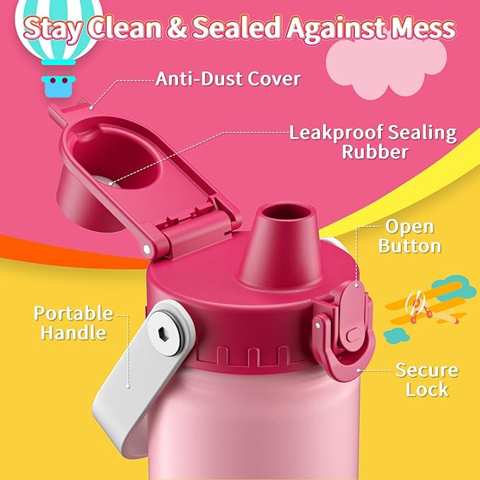 baab 18oz Kids Water Bottle, Insulated Kids Water Bottle with Lockable Spout Lid & Stickers, 18/8 Stainless Steel Vacuum Leakproof Kid Water Cup with Handle for Boy Girl & School (Rose Pink, 1 Pack)