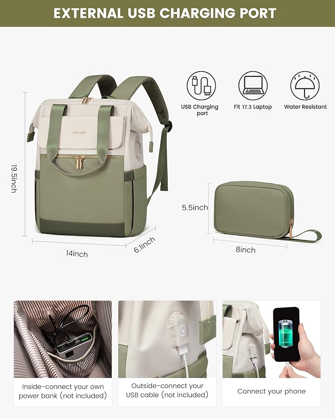 LOVEVOOK 17.3 Inch Laptop Backpack for Women, Large Capacity Travel Backpack with Organizer Bag,Waterproof Carry on Backpack Work Bag with USB Port,Teacher Nurse Backpack Purse,2PCS,Beige-Bean Green