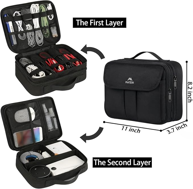 MATEIN Electronics Organizer, Waterproof Travel Electronic Case, Portable Double Layer Cable Storage Bag for Camera Accessories, Cord, Charger, Power Bank, Flash Drive, Phone, SD Card, Black