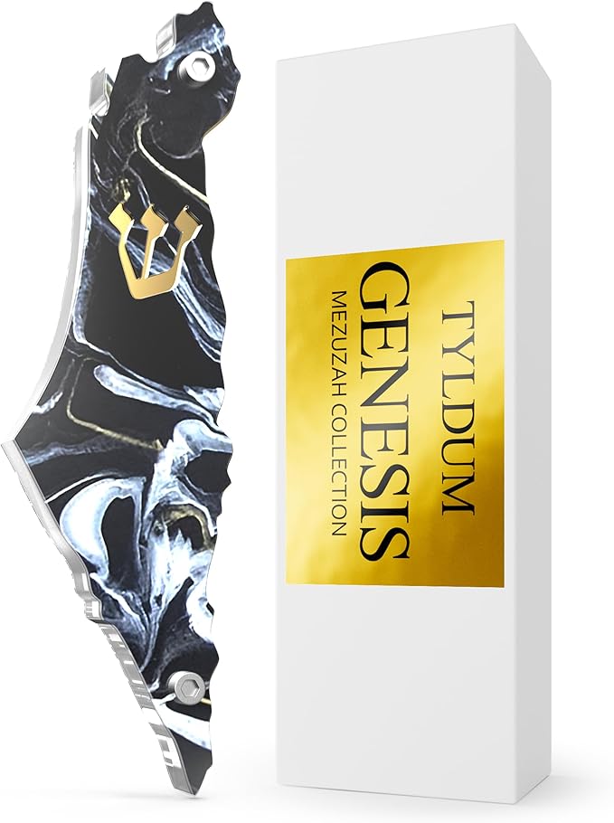 Genesis Mezuzah for Door – Modern Acrylic Mezuzah Case Without Kosher Scroll – Handmade in Canada Judaica Gift, Weatherproof, Jewish Artisan Design, Clear Case (Map, Black Marble)