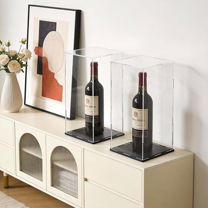 SVENJBB Display Case for Red Vine Bottle, Acrylic Box for Trophy and Toy Figures, Clear Acrylic Display Cases with Matte Black Base for Collection Protection and Storage, 7x7x16 inch