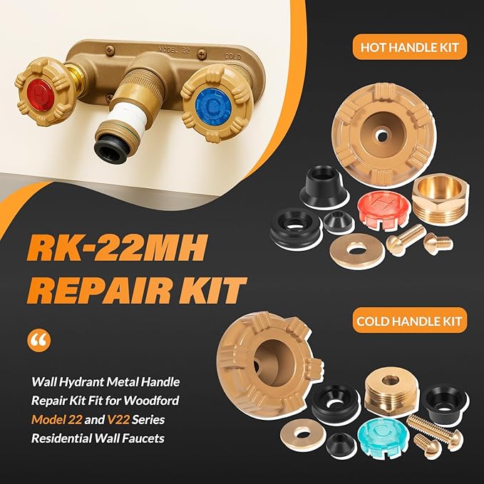 RK-22MH Repair Kit Metal Handle Replacement for Woodford Model 22 and V22 Outdoor Wall Faucets, Round Handle (18Pcs)