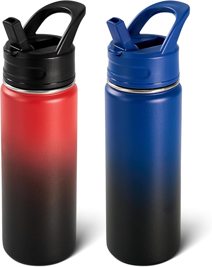 Fijinhom 2 Pack 18oz Insulated Stainless Steel Water Bottle with Straws, Double Wall Vacuum Insulated Bottles, Metal Thermo for Travel, Sports, Leak-Proof, BPA Free, Women & Men, Blue &Red Gradient