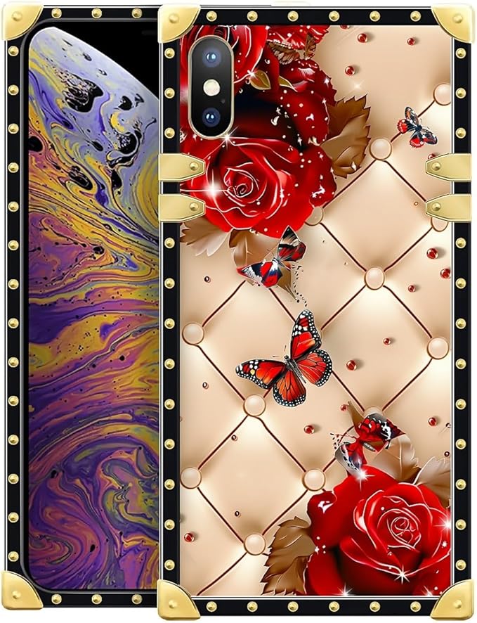 Compatible with iPhone XR Case, Shining Red Rose Butterfly Leather Background Luxury Golden Decoration for Girl Women Soft TPU Shockproof Protective Hard PC Back for iPhone XR