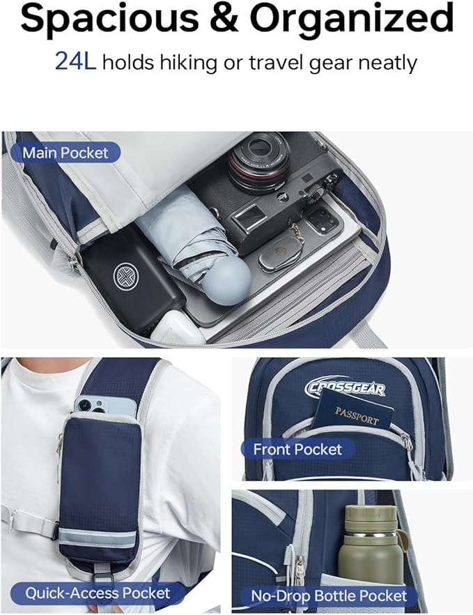 CROSSGEAR 24L Packable Backpack, Lightweight Hiking Daypack, Multiple & RFID Pocket, Water-Resistant Foldable Hiking Backpack for Women Men, Nylon Fabric for Travel Camping, Navy Blue