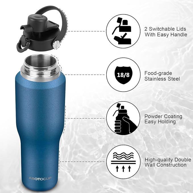 ABOTOCUP 32oz Water Bottle Insulated with Powder Coated, Fit in Any Car Cup Holder, Blue Water Bottles with Straw and Spout Lids, Stainless Steel Insulated Double Wall Leak-proof BPA Free