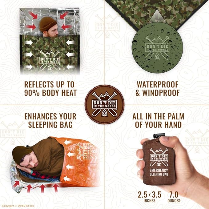 Don’t Die in The Woods - Emergency Sleeping Bag with Hood - Made with Extra Thick Thermal Mylar - 10 Essentials Hiking Camping Blanket, Survival Gear Tactical Car Disaster Bug Out First Aid Kits