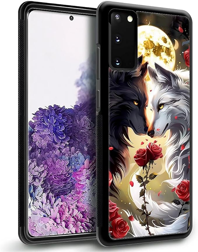 for Samsung Galaxy S20 Plus Case, Black White Wolf Moon Flower Rose Pattern Graphic Design Girl Boy Soft Silicone Hard Acrylic Shock Protection for Samsung Galaxy S20 Plus