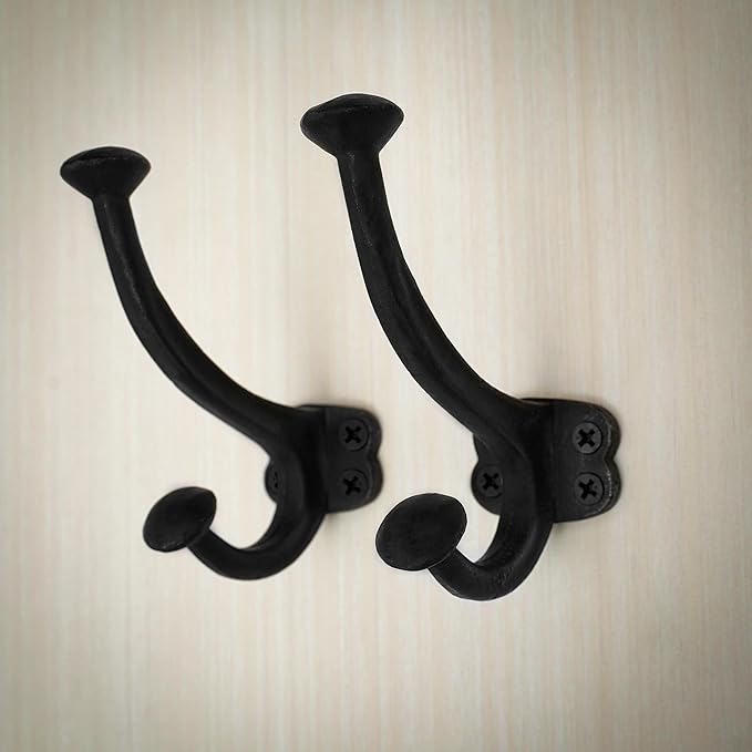 Mystic Colonial Rustic Medieval Cast Iron Wall Hooks (Set of 2) | (4 in x 3 in) Vintage Black Finish Double Coat & Hat Hook Hangers | Heavy-Duty Hook for Farmhouse, Gothic & Modern Spaces