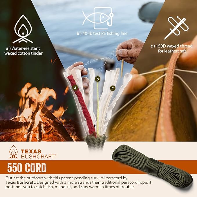 Texas Bushcraft Firecraft Cord Survival Bracelet – Paracord Bracelet with Bow Shackle for Camping and Emergency – 3 Extra Strands Include Wax Thread, Tinder, and Fishing Line