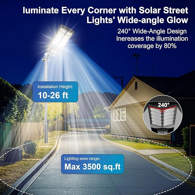 Solar Street Lights Outdoor Waterproof Dusk to Down with Motion Sensor, 6500W Outdoor Solar Flood Light for Parking Lot, LED Security Street Lights Solar Powered for Yard Garden & Walkway