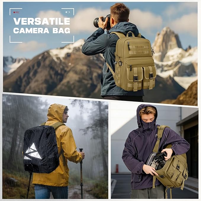 RAINSMORE Camera Bag Backpack for DSLR/SLR/Mirrorless Camera Bags for Photographers 15.6 Inch Waterproof Tactical Photography Backpack Case with Rain Cover & Tripod Holder, Khaki