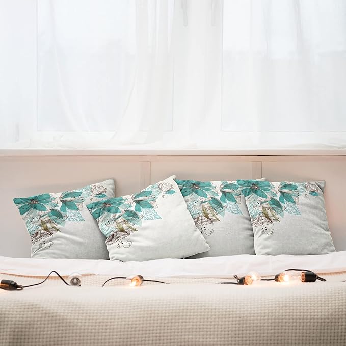 Ambesonne Turquoise Throw Pillow Cushion Case Pack of 4, Flowers Buds Leaf at The top Left Corner Season Celebrating Theme, Modern Accent Double-Sided Digital Printing, 20", Teal Brown