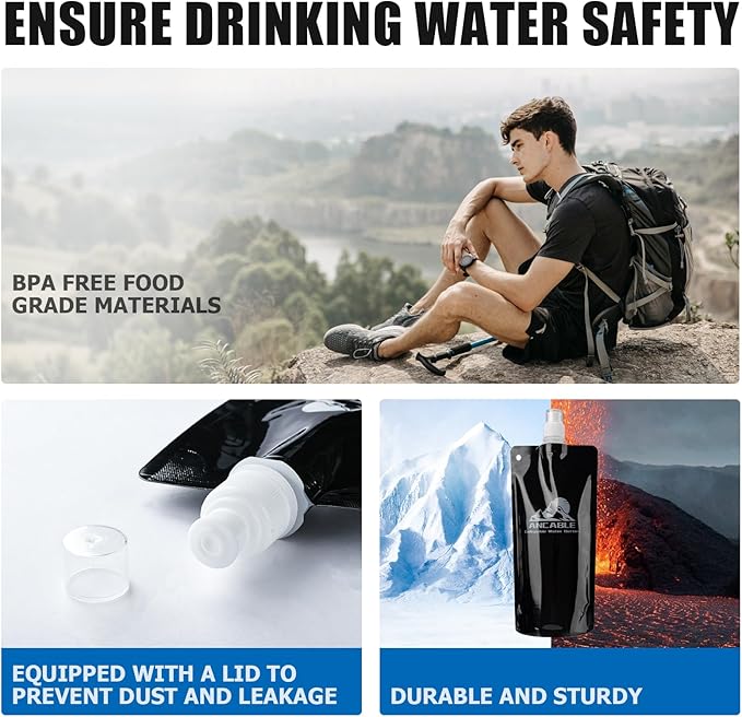 Ancable 17oz Collapsible Water Bottles, 3-Pack Reusable Travel Foldable Water Bottles for Hiking Camping Running Bike, BPA-Free Water Bottle