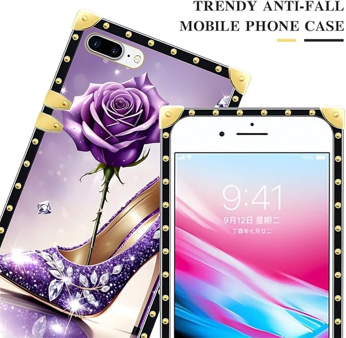 Compatible with iPhone 8 7 SE Case, High Heeled Purple Diamond Rose Luxury Golden Decoration for Girl Women Soft TPU Shockproof Protective Hard PC Back for iPhone 8 7 SE